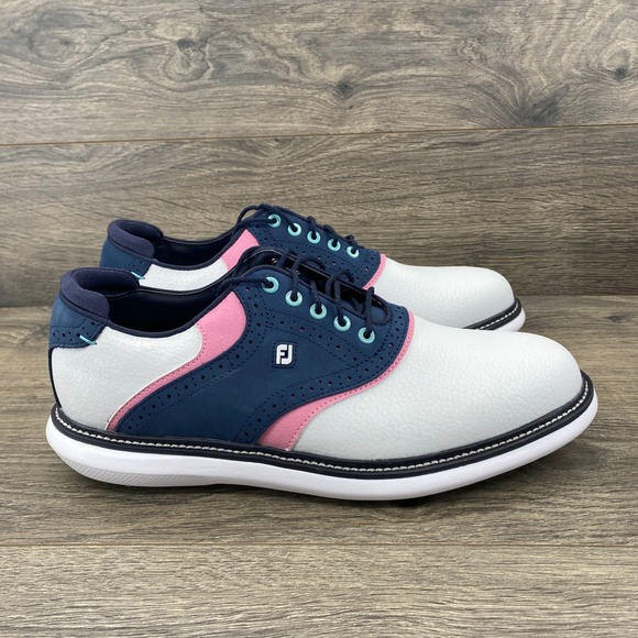 FootJoy Traditions Mens Golf Shoes Size 9.5 White Navy Pink Spiked Saddle 57921 - Picture 2 of 10